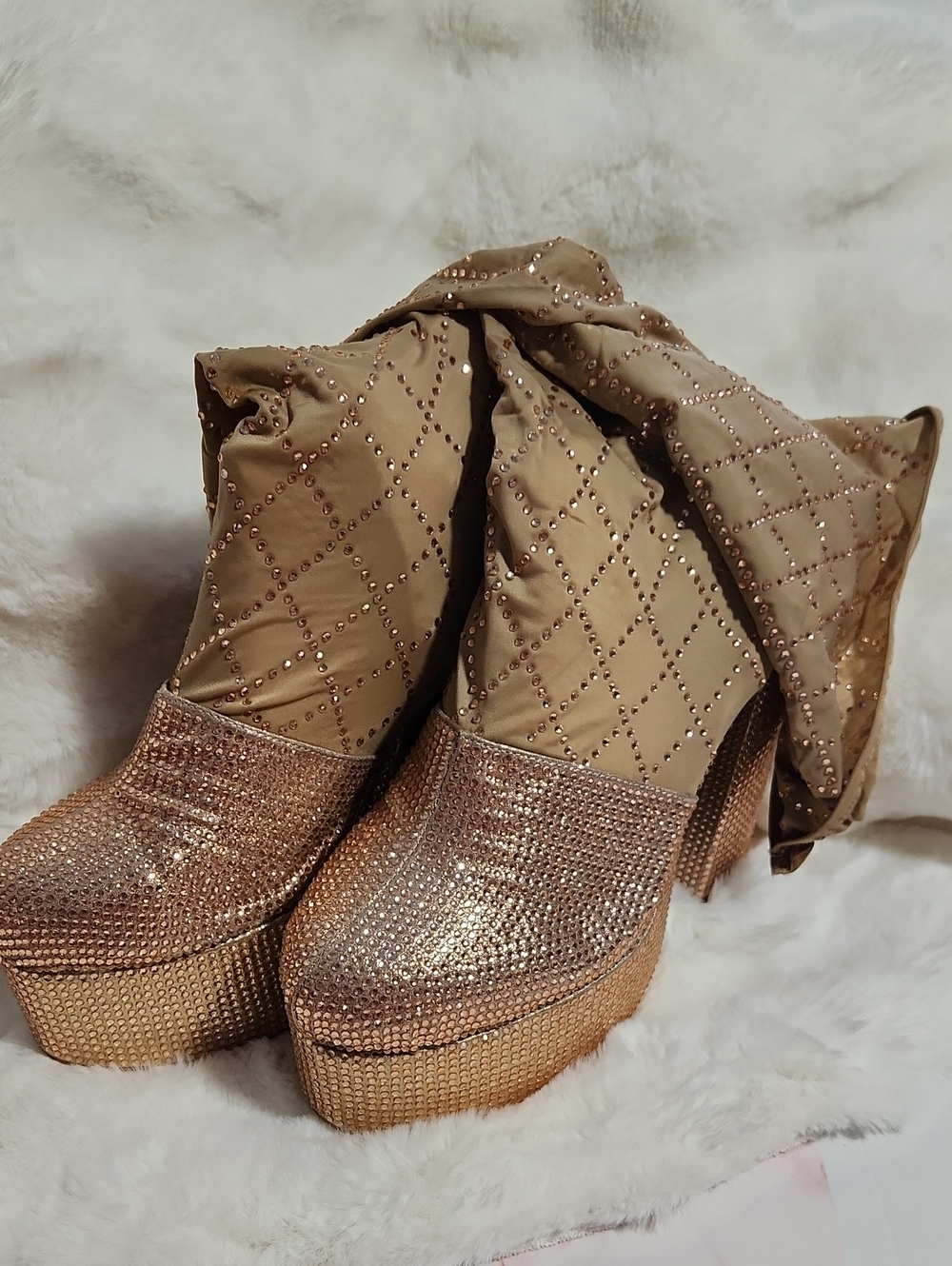Cape Robbin Diamonds Rose Gold Rhinestone Stretch Thigh High Chunky Heel